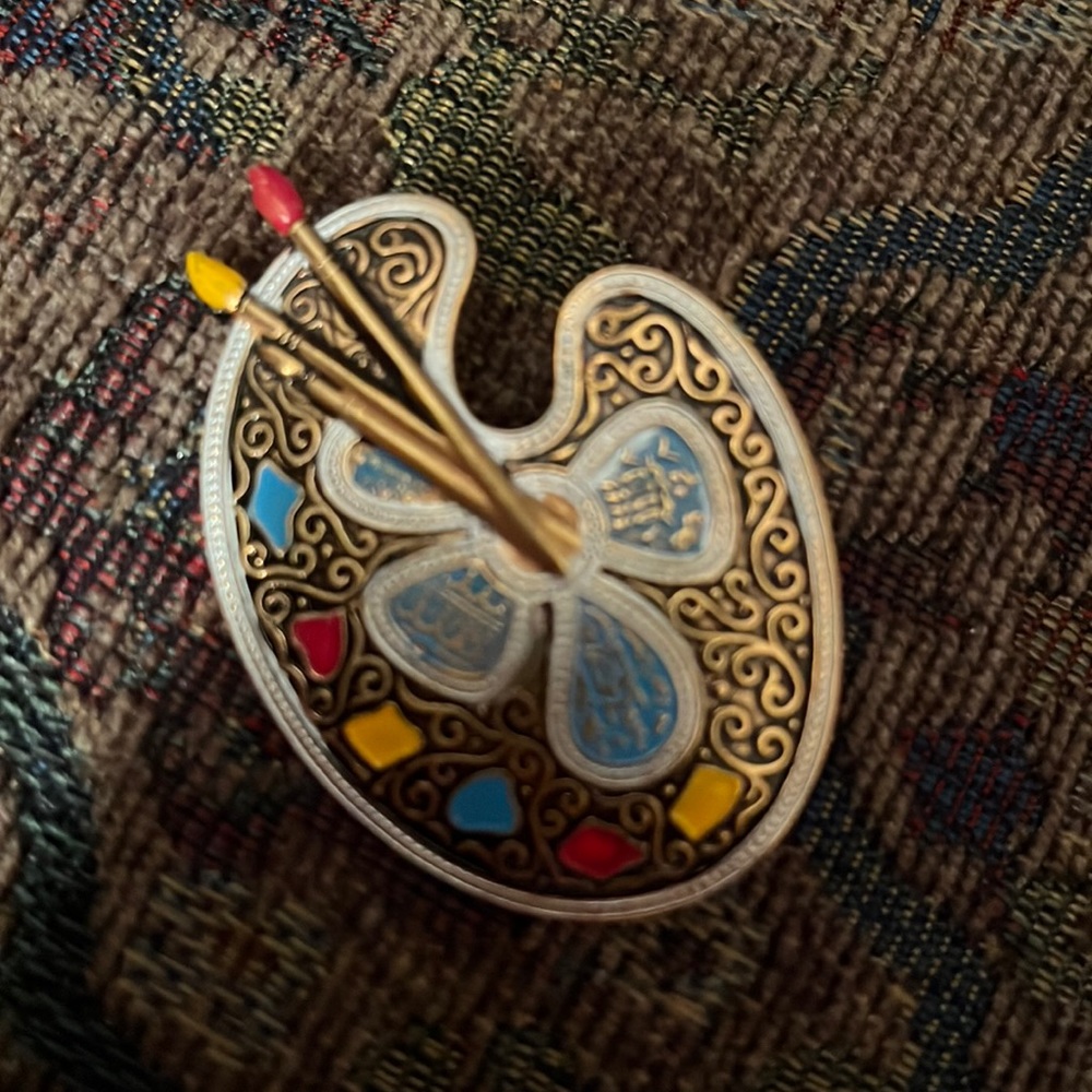Vintage Mid Century Painter Palette Brooch 4 Fab Art Scenes Plus Rainbow Color